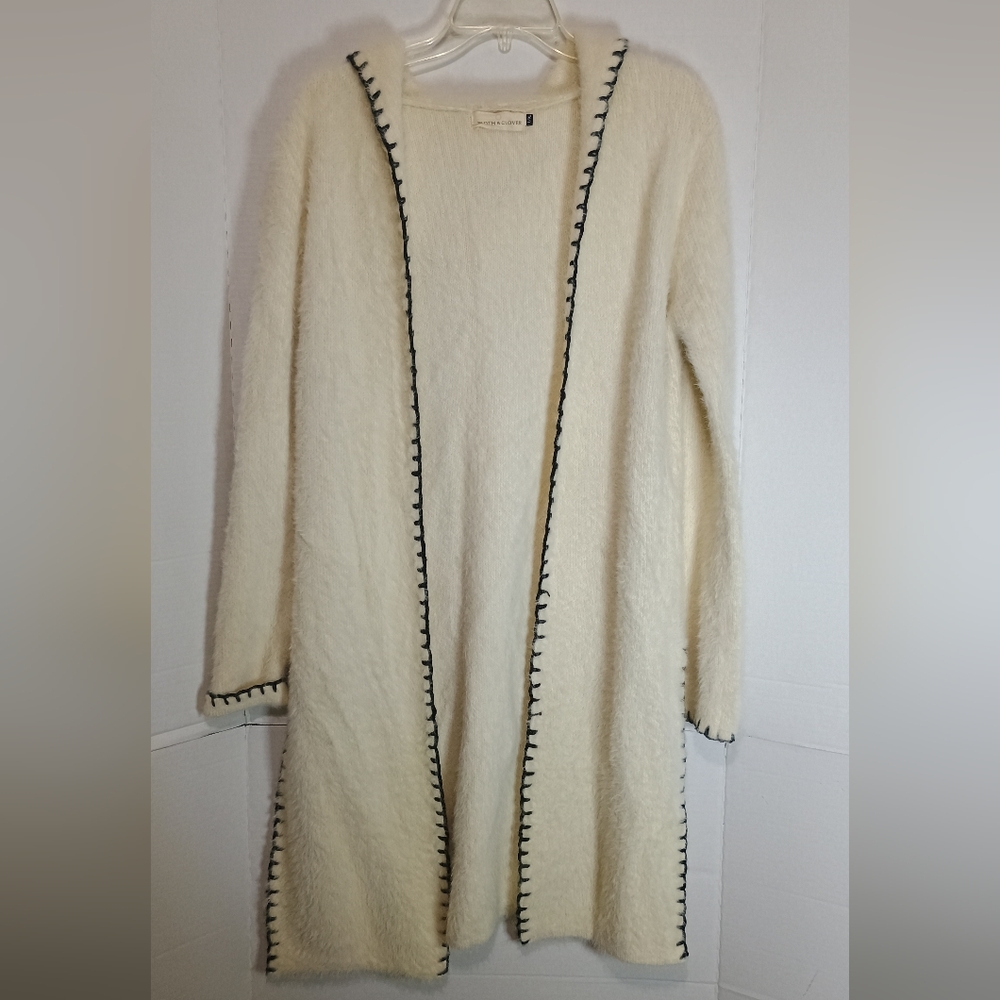 Kloth & Clover Women's Elegant Cream Hooded Sweater with Black Trim Size L/XL